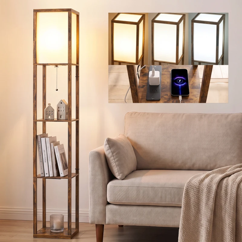 HOMCOM Floor Lamp with Shelves, 4 Layer Standing Lamp with USB Ports, 3 Colour Temperature, Rustic Brown