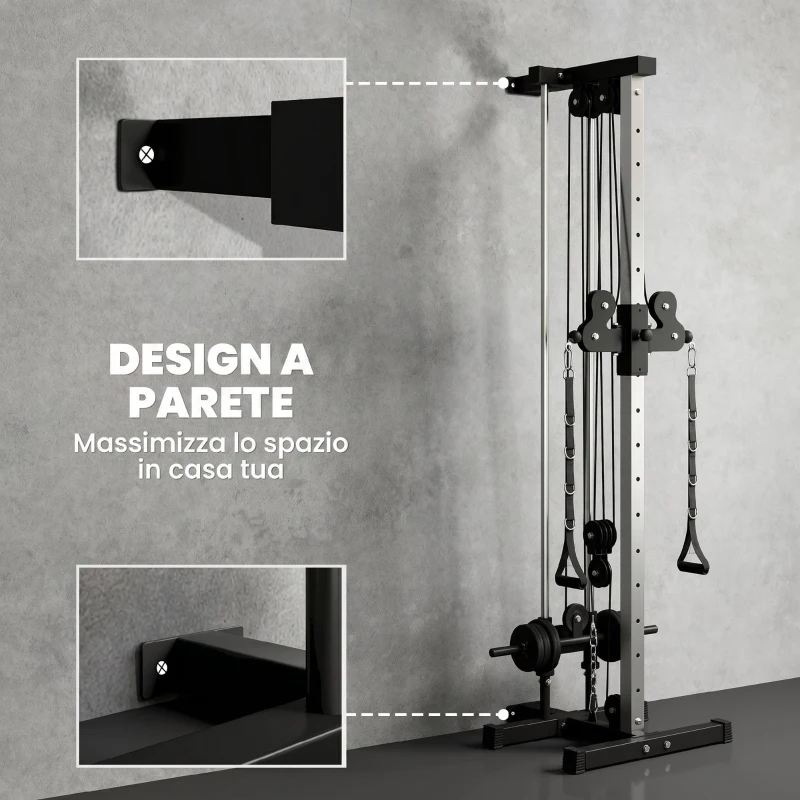 SPORTNOW Lat Machine da Parete con Pulegge Regolabili, Stazione a Cavi con Pulldown e Carico Pesi Regolabile, per Casa Palestra Multifunzione, Nero