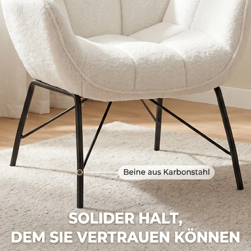 HOMCOM Moderner Loungesessel, Sherpa-Fleece Sessel mit gebogener Rückenlehne, integrierten Armlehnen, Metallbeinen, Cremeweiß