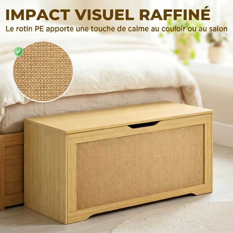 HOMCOM Coffre de Rangement en Rotin 136L, Banc Coffre avec Couvercle Relevable et 2 Charnières de Sécurité, Chêne