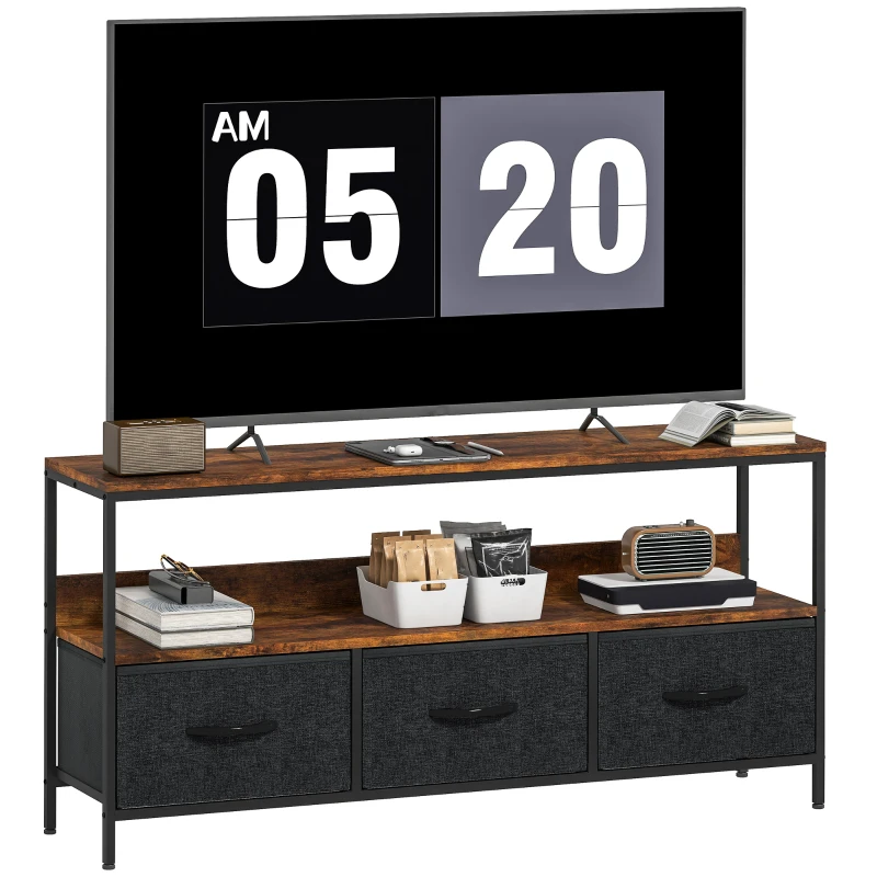 HOMCOM Meuble TV, meuble télé pour téléviseur jusqu'à 55 pouces avec 3 tiroirs et pieds en acier 120 x 29 x 56 cm brun rustique