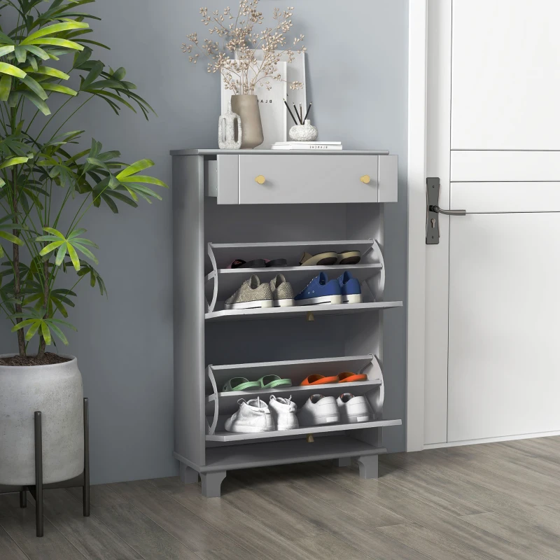 HOMCOM Sapateira Móvel Sapateira Estreita com 2 Portas e 1 Gaveta para 8 Pares de Sapatos 60x23,5x98,5 cm Cinzento