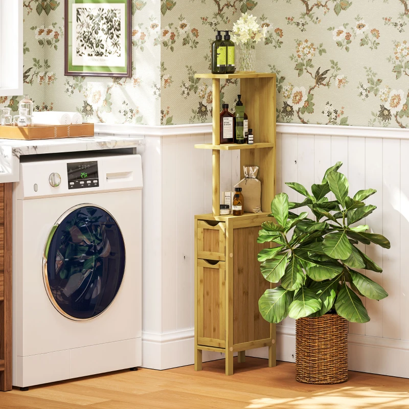 HOMCOM Colonna Bagno con Ripiani Aperti e Armadietti con Ante Magnetiche, 18x30x120 cm, Colore Legno