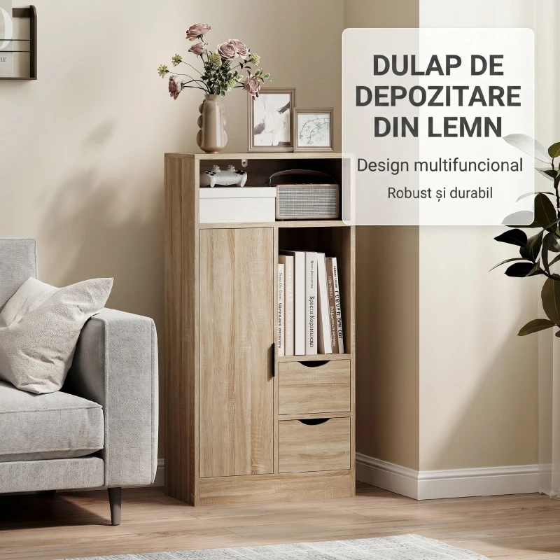 HOMCOM Mobilă de baie compactă Slim cu 2 sertare, rafturi și dulap, 50x25x100 cm, lemn natural