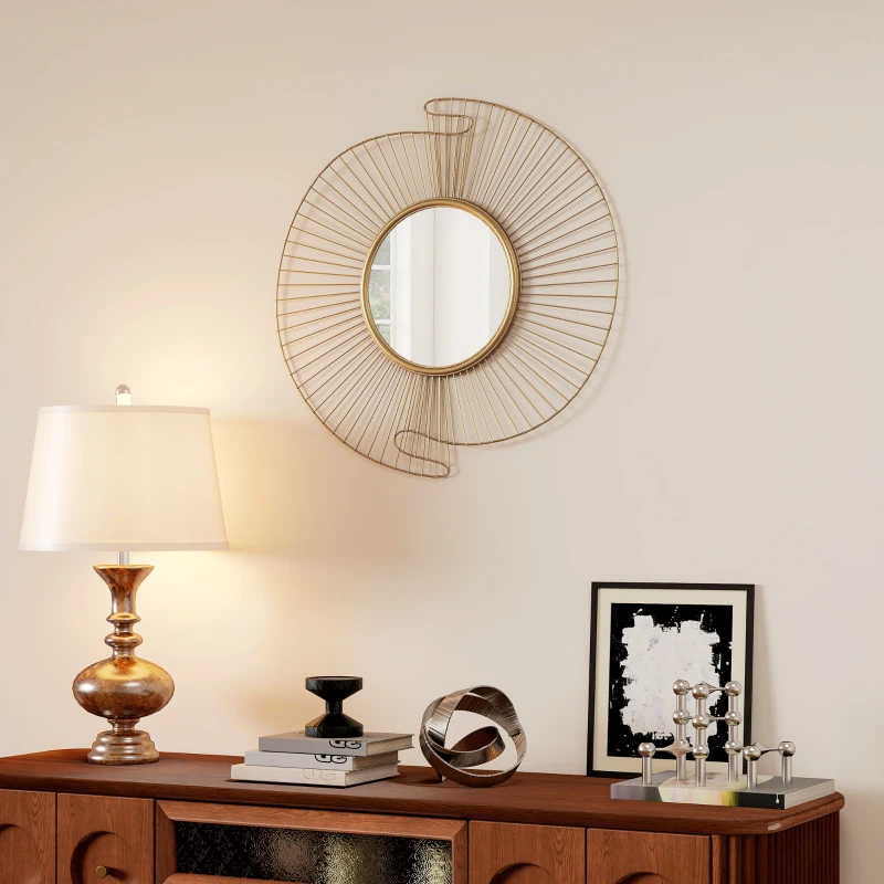 HOMCOM Specchio da Parete Rotondo con Strisce in Metallo e Design Plissettato, 60x60 cm, Oro