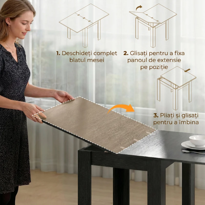 HOMCOM Masă Extensibilă de Sufragerie 4-6 Persoane, Negru