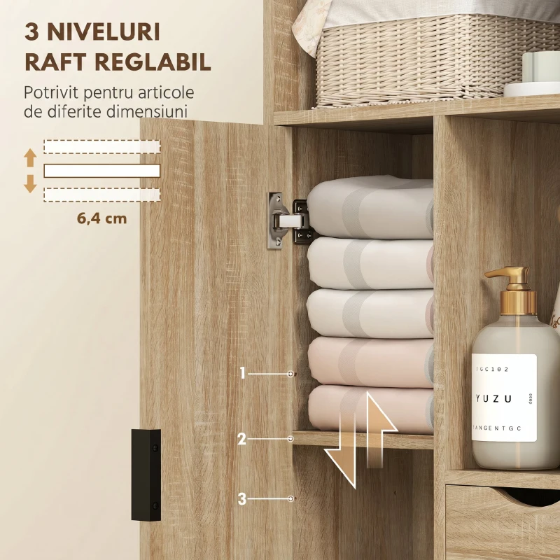 HOMCOM Mobilă de baie compactă Slim cu 2 sertare, rafturi și dulap, 50x25x100 cm, lemn natural