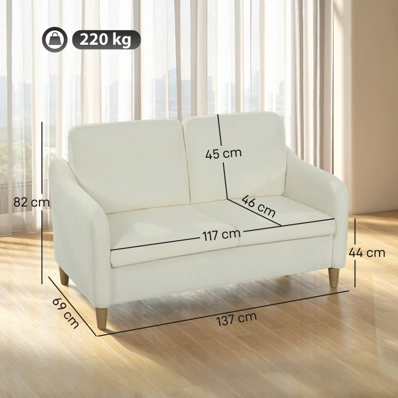 HOMCOM Divano 2 Posti Moderno con Cuscini Spessi e Rivestimento Sherpa, 137x69x82 cm, Crema