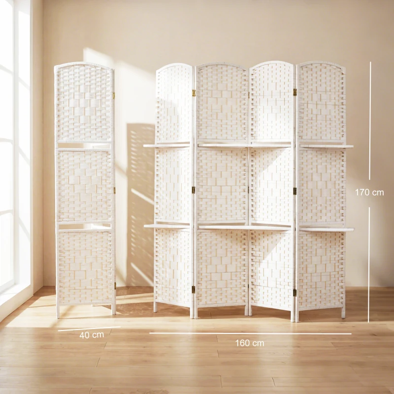 HOMCOM Paravento da Interno a 4 Pannelli Pieghevole con Mensole 160x170 cm, Bianco