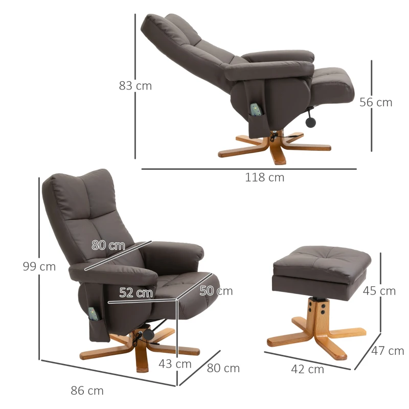 HOMCOM Fauteuil relax massant avec pouf, fauteuil de relaxation pivotant à 360°, dossier inclinable, 80 x 86 x 99 cm, marron
