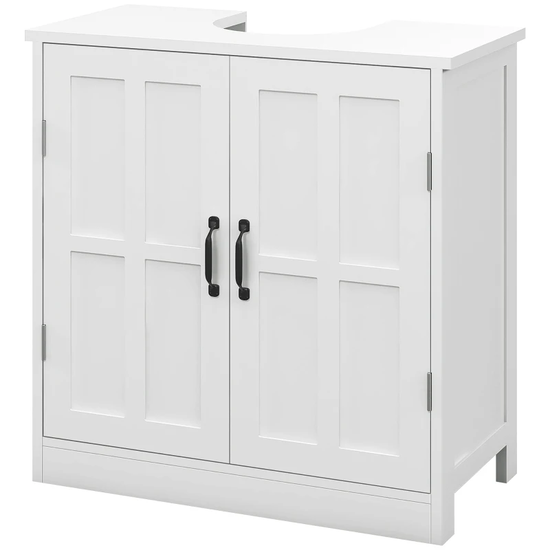kleankin Mobile per Lavabo con Piedistallo, Mobile Sotto Lavabo con 2 Ante e Scaffale Regolabile, Mobile da Bagno con Ritaglio a Forma di U, Bianco
