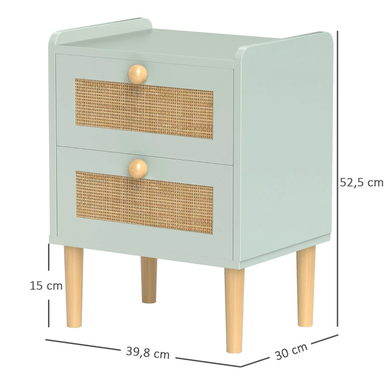 HOMCOM Table de chevet, table de nuit avec 2 tiroirs en effet rotin naturel et cadre en bois, 39,8 x 30 x 52,5 cm, vert olive