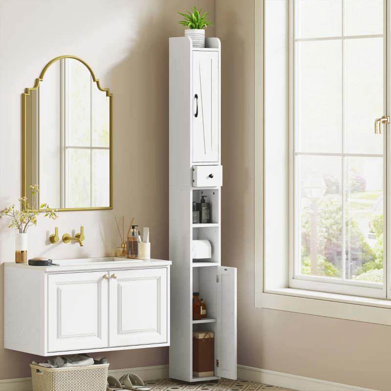 HOMCOM Coluna Casa de Banho com Compartimento Aberto Prateleiras Ajustáveis e Suporte para Papel Higiênico 20x20x185 cm Branco