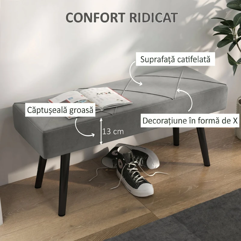 HOMCOM Bancă Tapițată pentru Dormitor din Catifea cu Picioare din Oțel, 100x36x45cm, Gri
