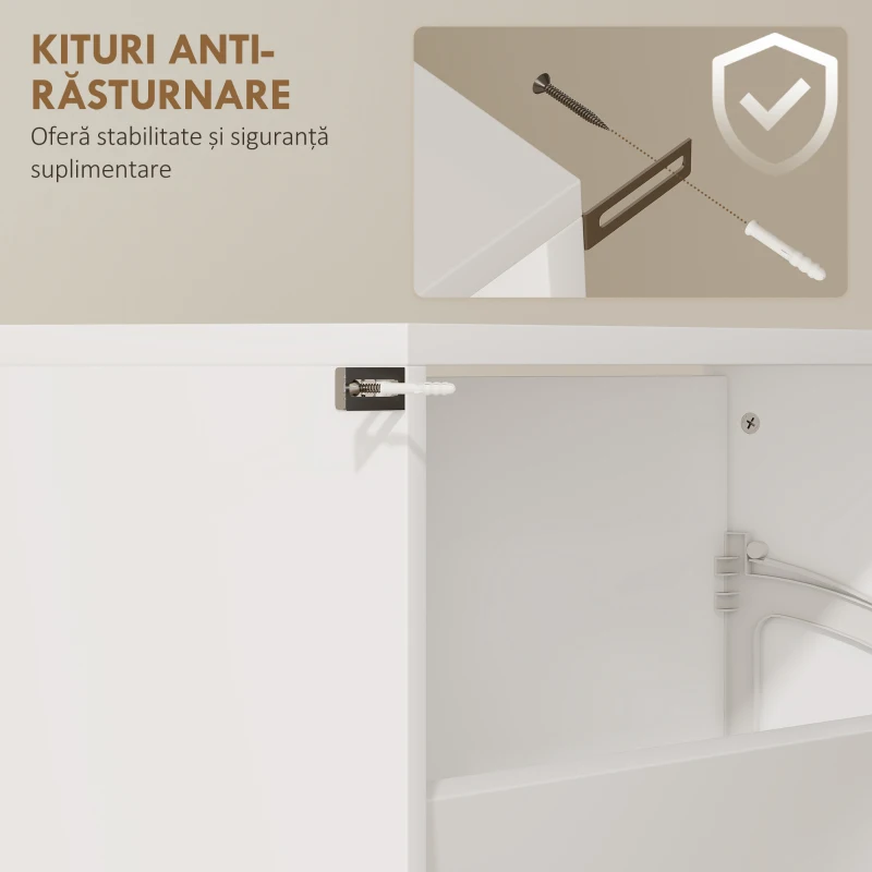 HOMCOM Dulap cu Oglindă și 4 Uși Anti-Răsturnare din Lemn, 63x17x146 cm, Alb