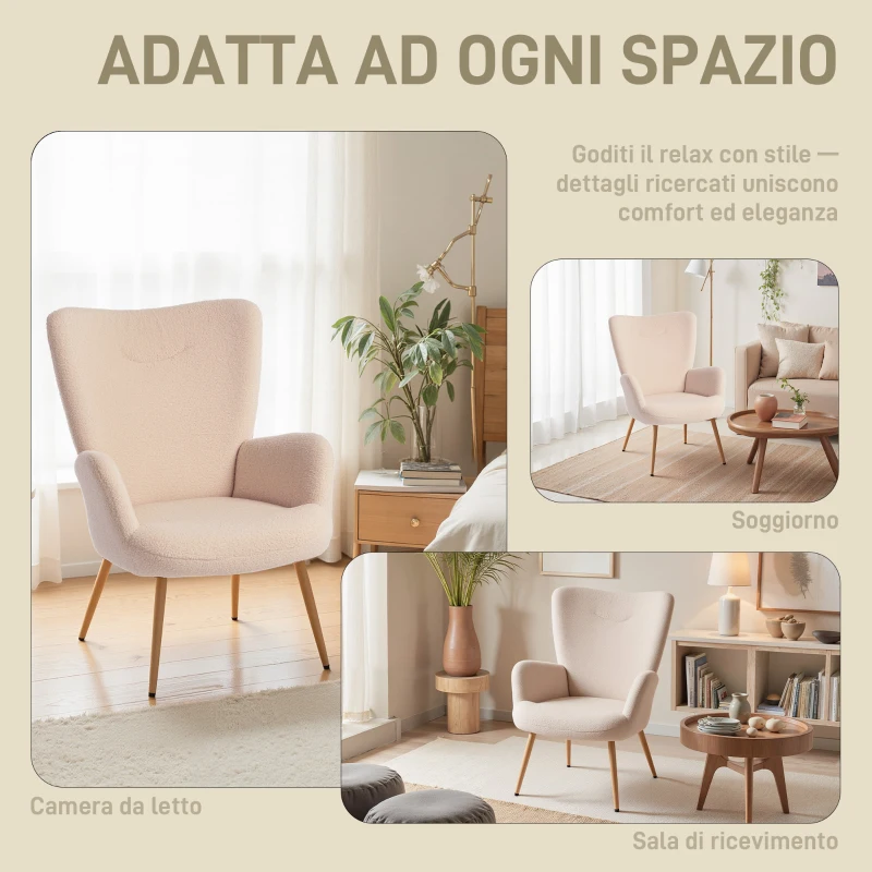 HOMCOM Poltrona Moderna in Tessuto Sherpa Imbottita con Schienale Alto e Braccioli, Beige
