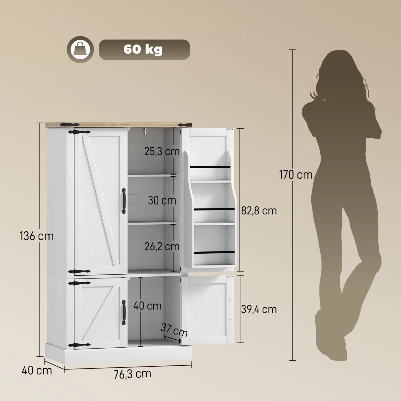 HOMCOM Buffet de cuisine, armoire de cuisine avec 4 portes, 6 porte-épices et étagères réglables, 76,3 x 40 x 136 cm, blanc