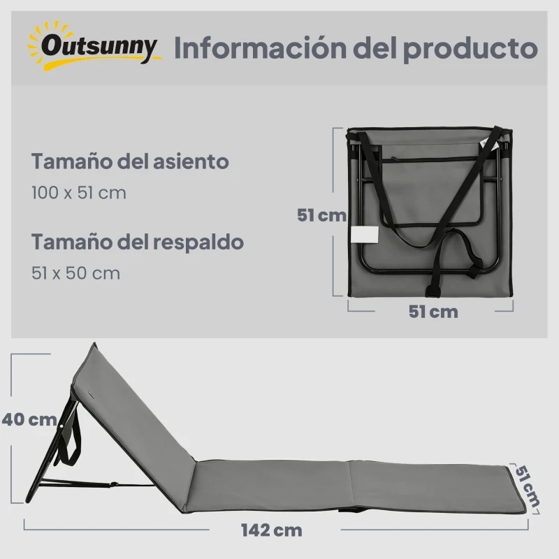 Outsunny Conjunto de 2 Esterillas de Playa Plegable con Respaldo Reclinable y Correa de Transporte 142x51x40 cm Gris