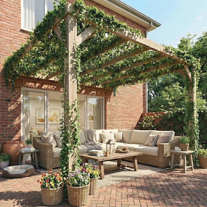 Outsunny Lean-To Wooden Pergola Kit, Decorative Garden Gazebo with Stable Structure and Concrete Anchors, 3 x 3 m, Light Brown