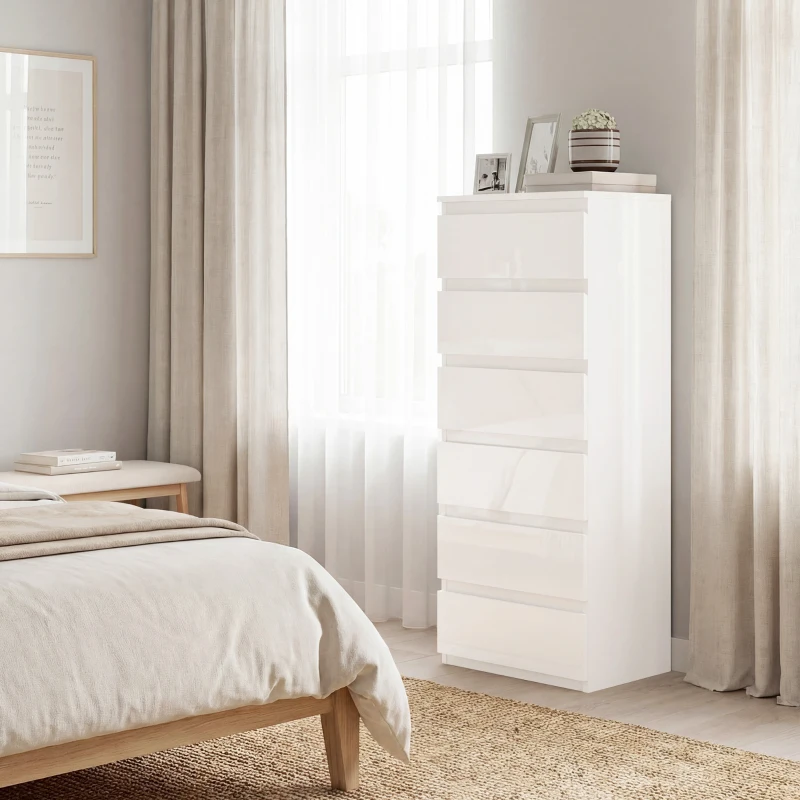 HOMCOM Commode 6 tiroirs à haute brillance, meuble de rangement étroit sans poignées, 40 x 35 x 109 cm, blanc