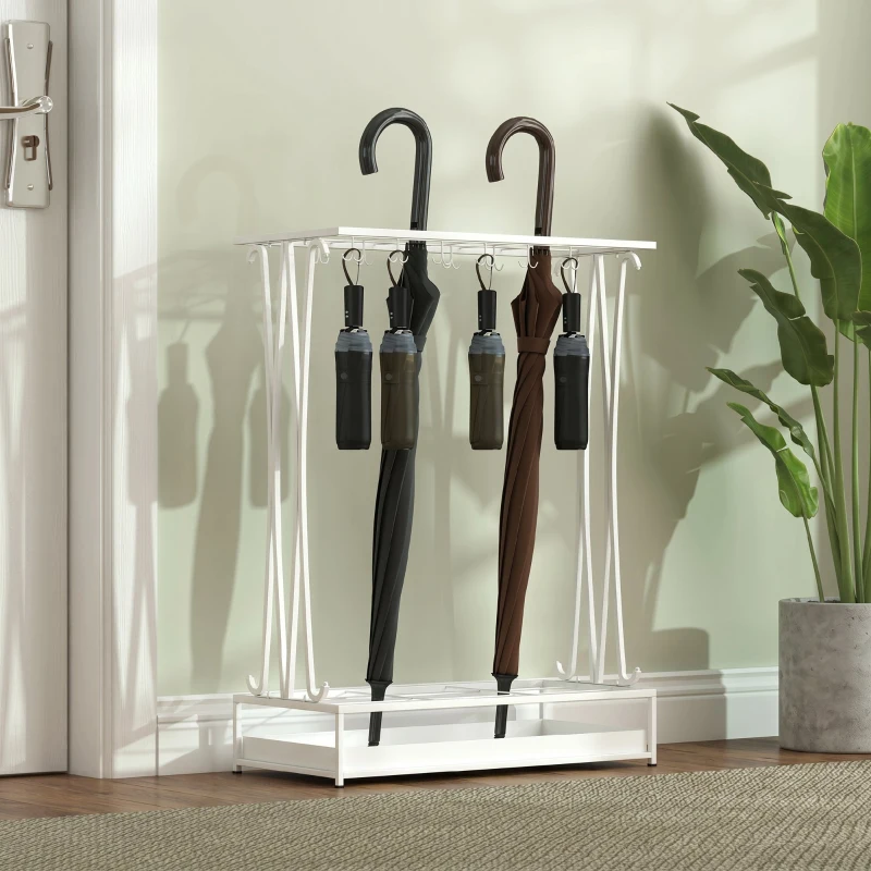 HOMCOM Suport Pentru Umbrele cu Tăviță Colectoare, 21 Orificii, 24 Cârlige, Oțel, 50x24x68 cm, Alb
