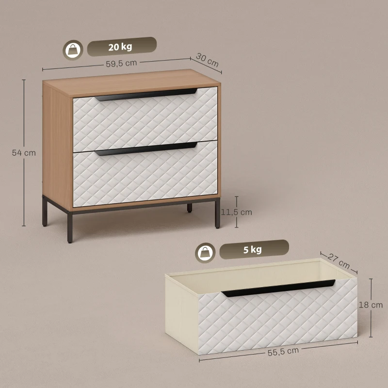 HOMCOM Cómoda com 2 Gavetas de Tecido Frentes com Padrão de Diamante Móvel de Arrumação 59,5x30x54 cm Madeira e Branco