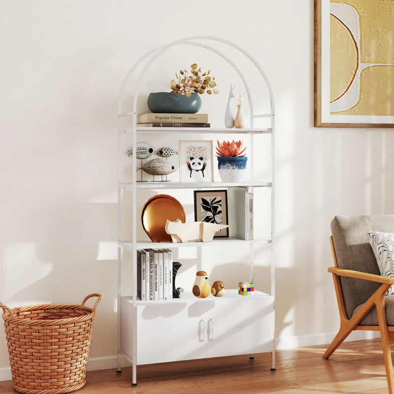 HOMCOM Étagère de rangement, bibliothèque arquée à 4 niveaux avec placard double porte, 80 x 30 x 187 cm, blanc