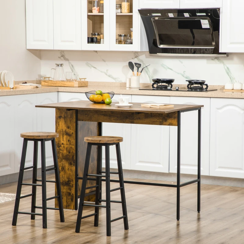 HOMCOM Ilot centra table de bar plateau latéral  rabattable et 3 étagères 120 x 76 x 91,4 cm Brun Rustique