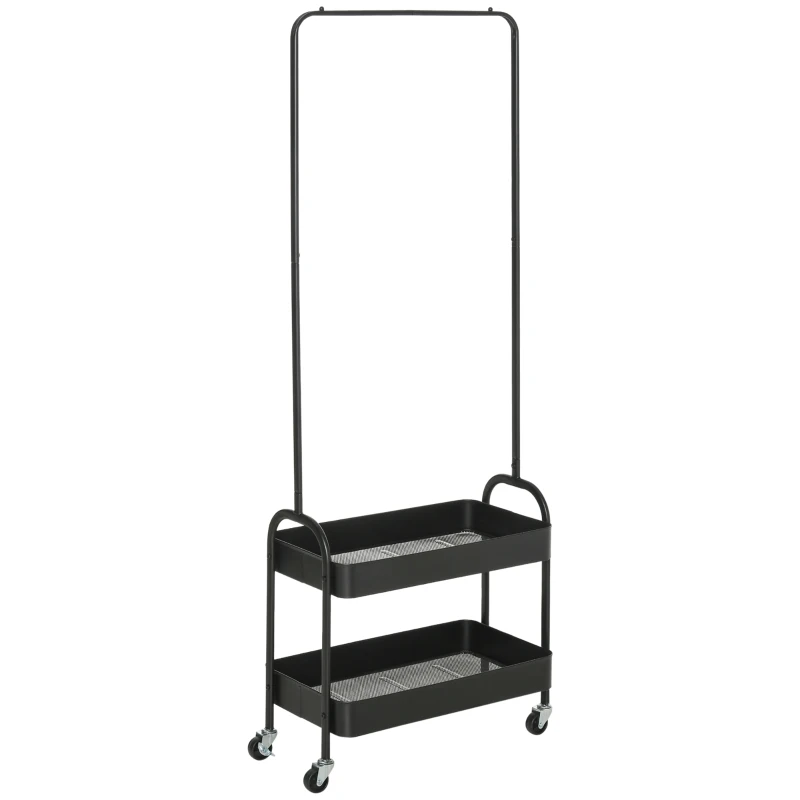 HOMCOM Charriot com Sapateiro Charriot com Rodas Barra de Pendurar e 2 Cestos para Entrada Dormitório Sala de Estar 56,5x31,5x152,5cm Preto