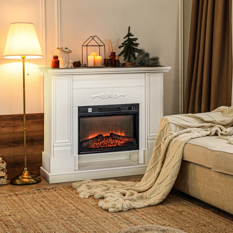 HOMCOM Camino Elettrico 1800W con Fiamma a 3 Intensità e Telecomando, in Legno, Metallo e Vetro, 117x30x100 cm, Bianco