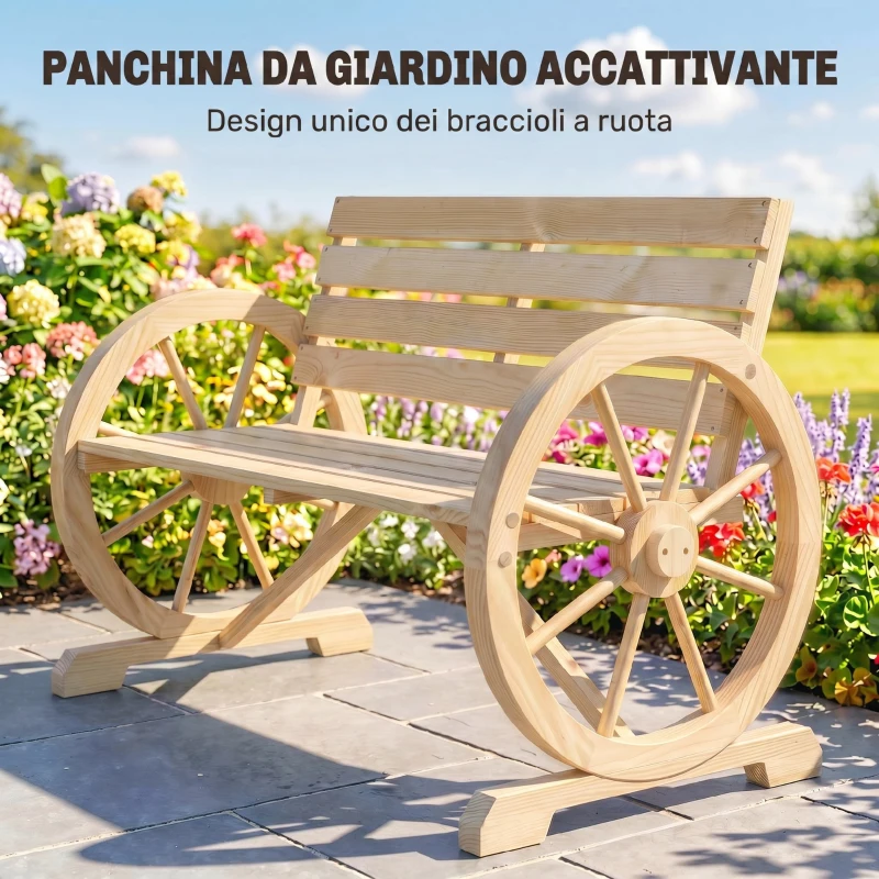 Outsunny Panchina da Giardino 2 Posti a Doghe con Braccioli a Ruota di Carro, in Legno, 105.5x56x79 cm, color Legno