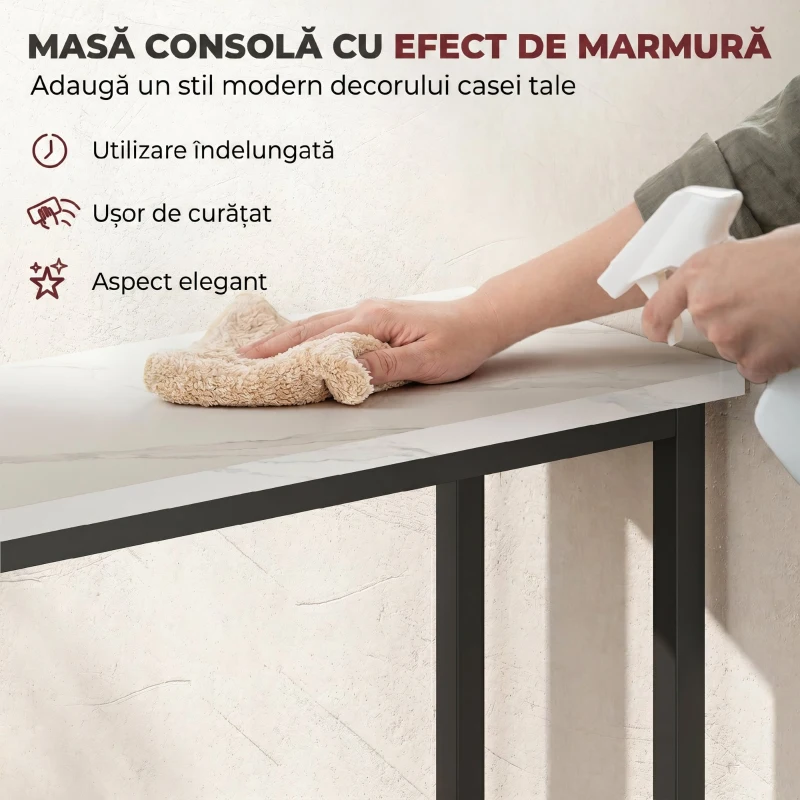 HOMCOM Masă consolă de intrare cu blat cu efect de marmură, din lemn și oțel, 75x24x76 cm, alb și negru