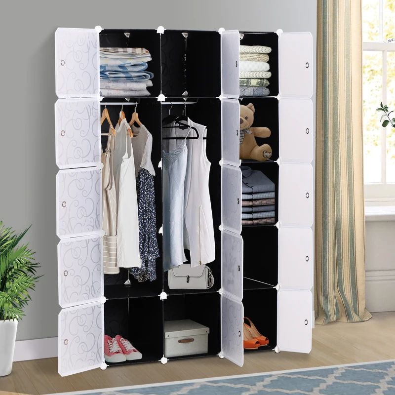 HOMCOM Garde robe armoire à vêtements L 111 x l 47 x H 183 cm modulable 15 cubes noir et blanc