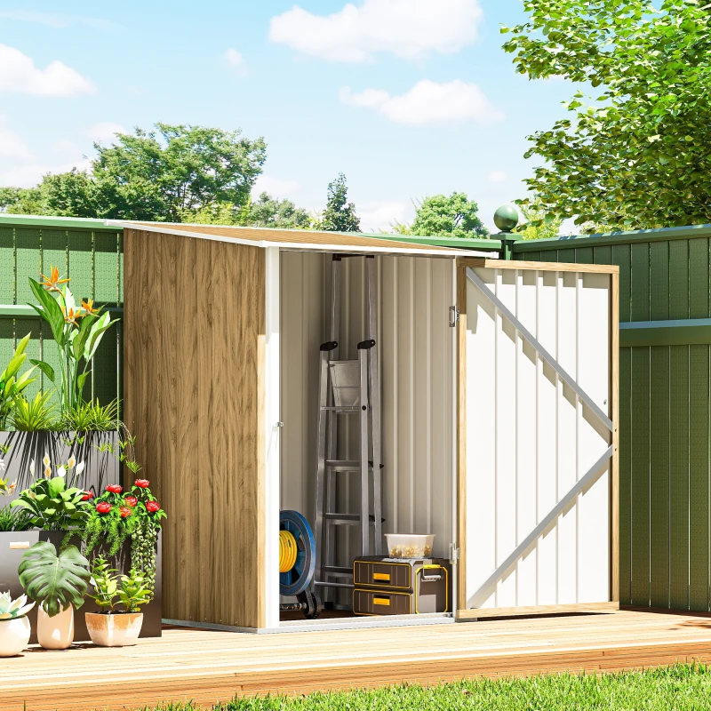 Outsunny Casetta da Giardino Porta Attrezzi in Acciaio Galvanizzato con Porta a Battente, 100x104x160 cm, Marrone Chiaro