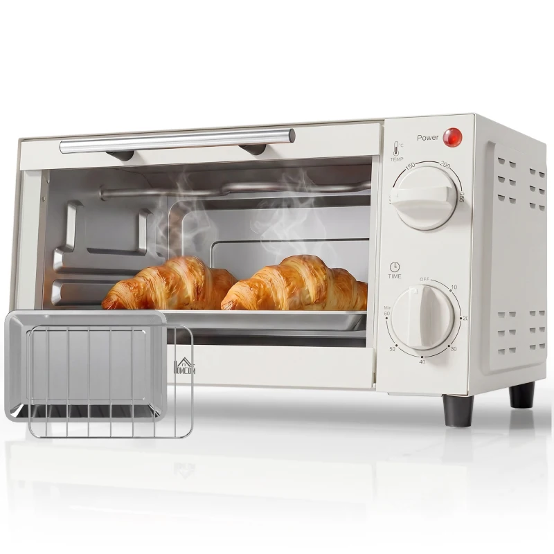 HOMCOM Minibackofen, 9 L Mini-Ofen mit Backblech, Grillrost, mit einstellbarer Temperatur und Garzeit, Edelstahl, Cremeweiß(m-12)