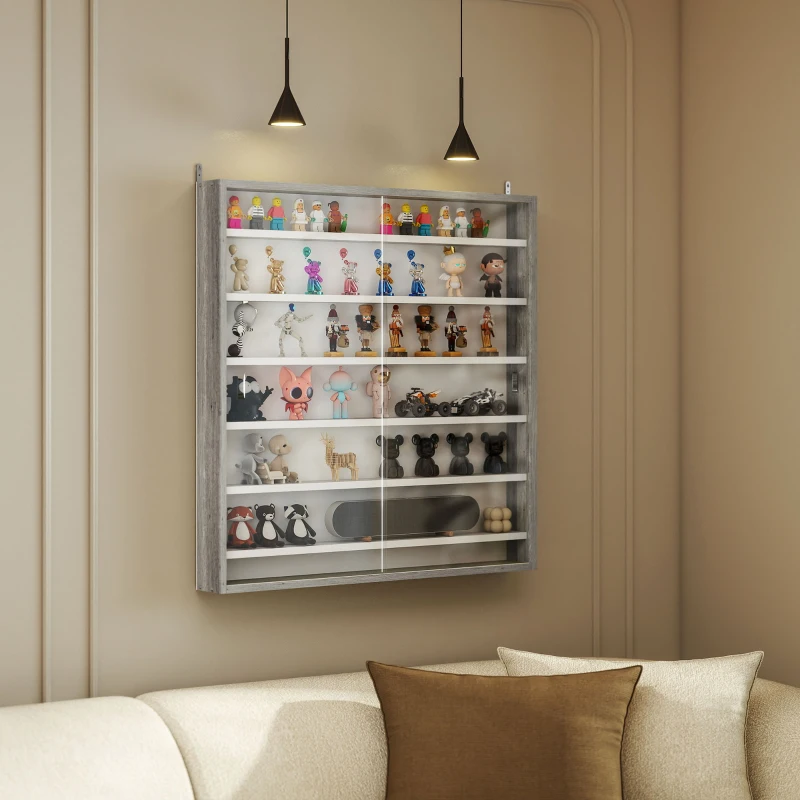 HOMCOM Bacheca Portaoggetti a 5 Ripiani Regolabili in Legno con Ante in Vetro, 80x9.5x83 cm, Bianco e Grigio