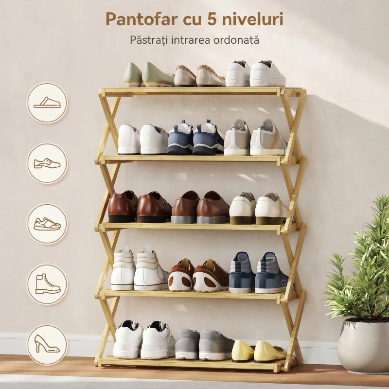 HOMCOM Raft pliabil pentru pantofi, 5 niveluri, gata de utilizare, din bambus, 60x29x88 cm, culoare lemn