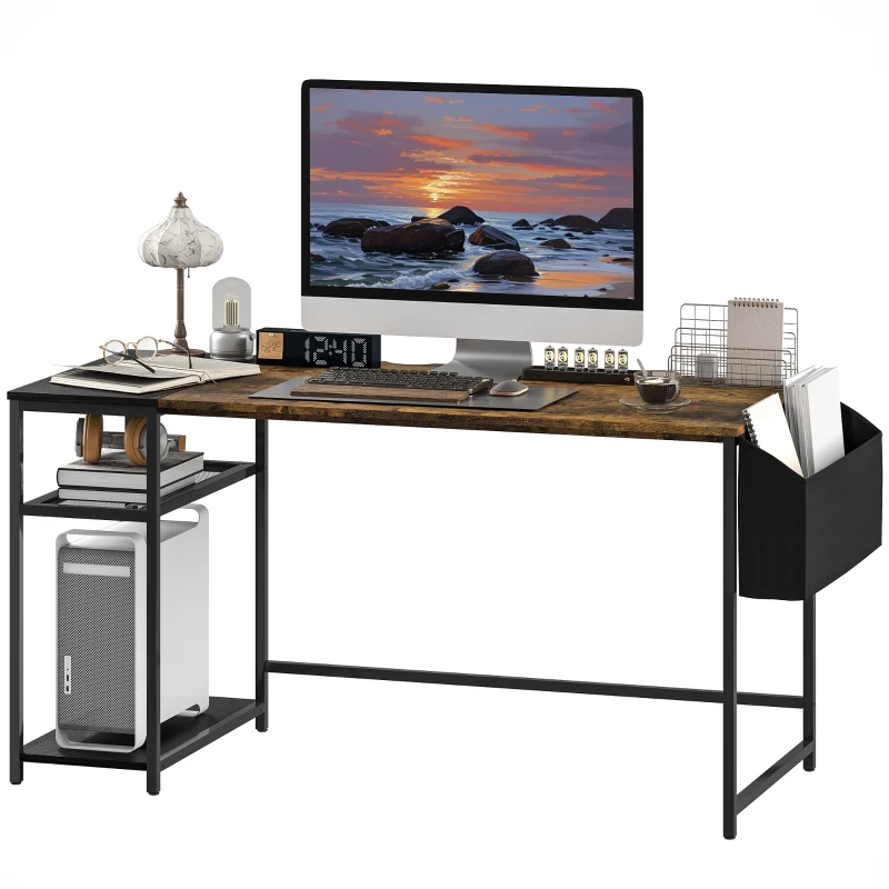 HOMCOM Bureau d'ordinateur 150 x 60 cm avec étagères de rangement réversibles et sac en tissu, pour petits espaces, marron