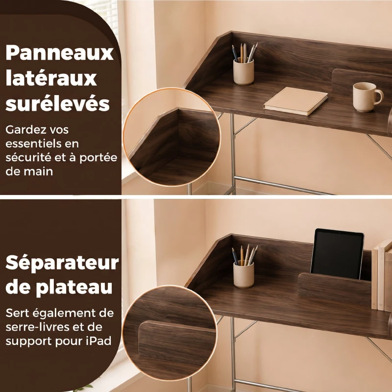 HOMCOM Bureau, bureau d'ordinateur 109 cm avec rebord de sécurité et structure en métal, noyer