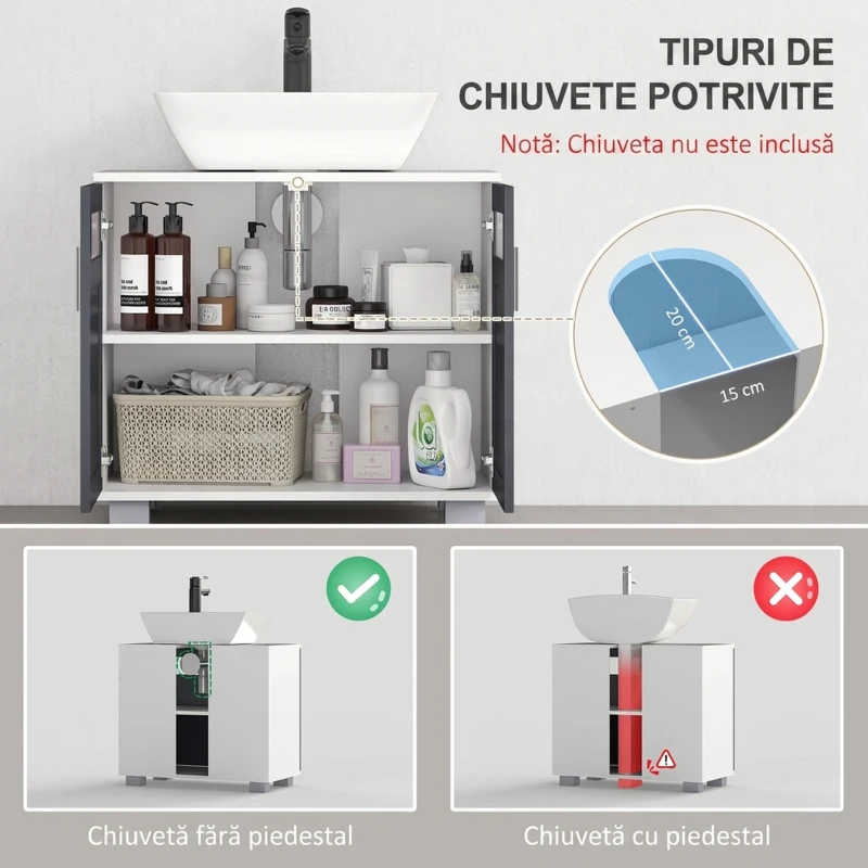 kleankin Dulap pentru sub lavoar Dulap de baie sub lavoar cu 2 uși din sticlă securizată 69x35x59 cm Alb și Gri