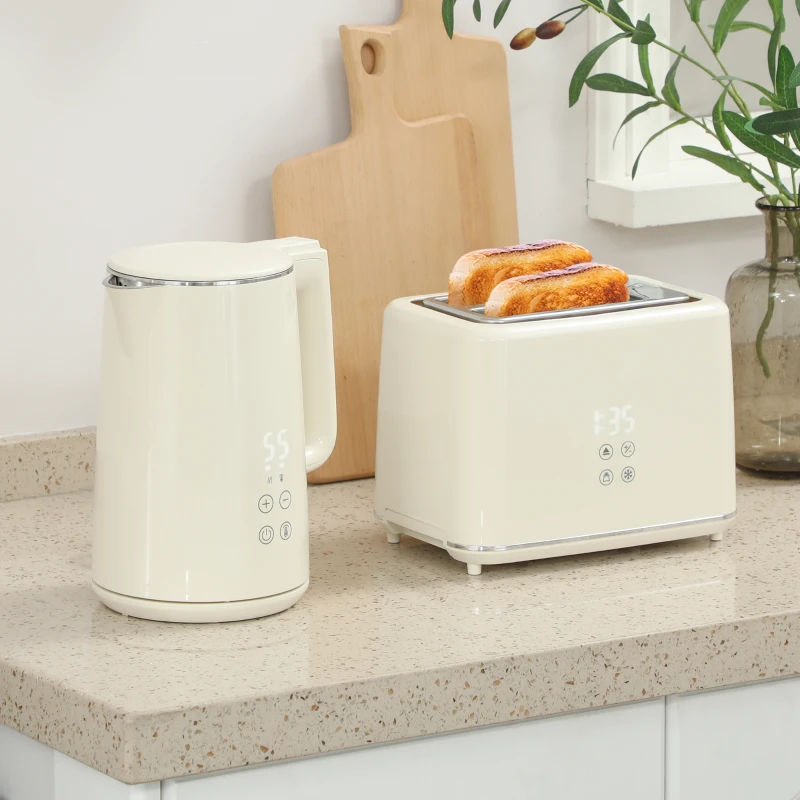 HOMCOM Digital Stainless Steel Kettle and Toaster Set, 1.5L 3000W Fast Boil Kettle, 2 Slice Toaster with 7 Level Browning Controls, Defrost, Reheat, Keep Warm, Crumb Tray and LED Touch Display, Beige
