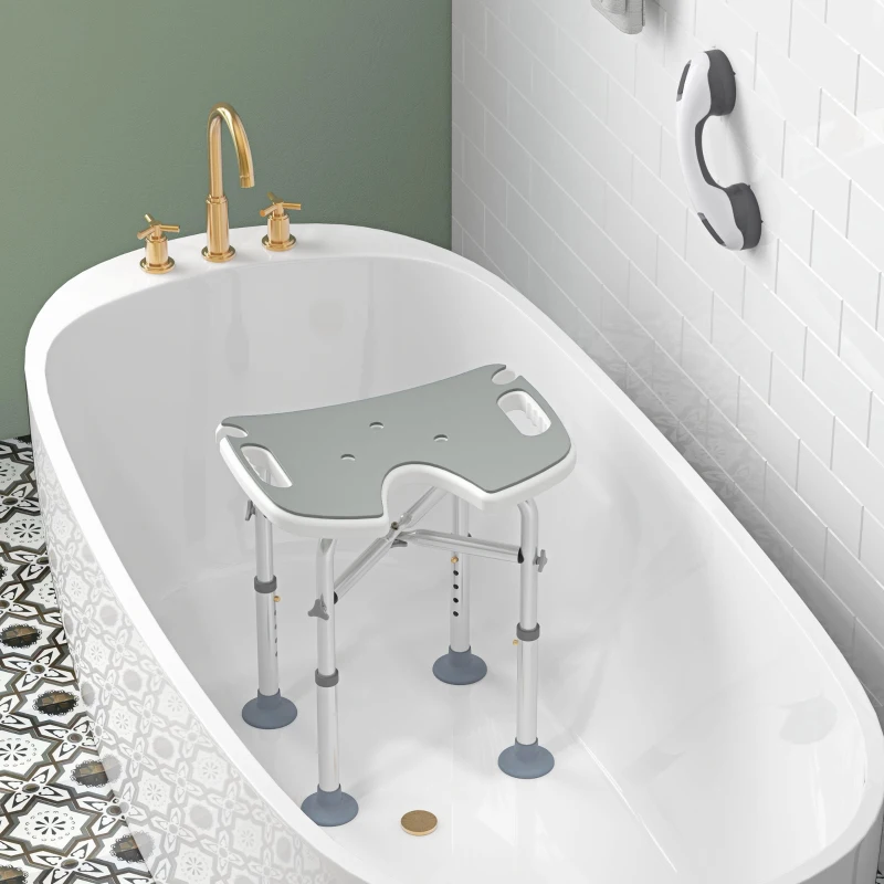 HOMCOM Tabouret de douche siège de douche hauteur ajustable 39-51,5 cm barre d'appui à ventouse patins à ventouse gris