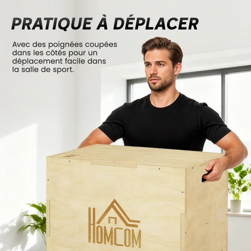 HOMCOM Box Jump pliométrie 3 en 1 appareil musculation fitness entraînement croisé plyobox pour box training 51/61/76cm en bois