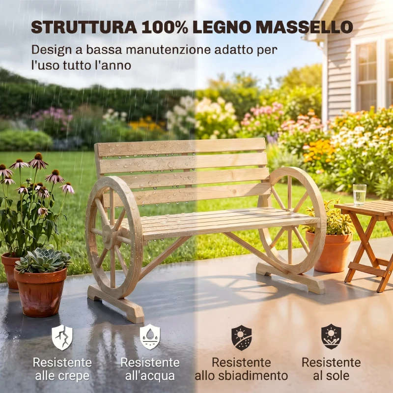 Outsunny Panchina da Giardino 2 Posti a Doghe con Braccioli a Ruota di Carro, in Legno, 105.5x56x79 cm, color Legno
