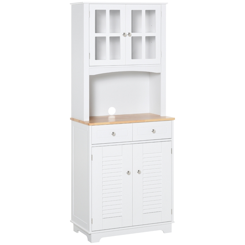 HOMCOM Küchenschrank, Hochschrank mit Glastüren, 2 Schubladen, Küchenbuffet mit offenem Fächer und verstellbarem Regal, Esszimmerschrank für Küche, Holz, Weiß+Natur, 68 x 39,5 x 170 cm