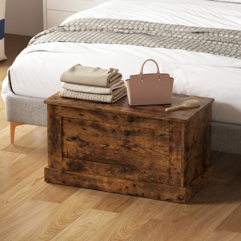 HOMCOM Coffre de rangement, coffre à jouets, avec charnière de sécurité, pour salon, en bois, 80 x 40 x 45 cm, brun rustique