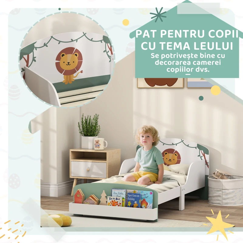 AIYAPLAY Pat pentru Copii 3-8 Ani din Lemn cu Spațiu de Depozitare și Bariere Laterale, 150x77x60 cm, Verde