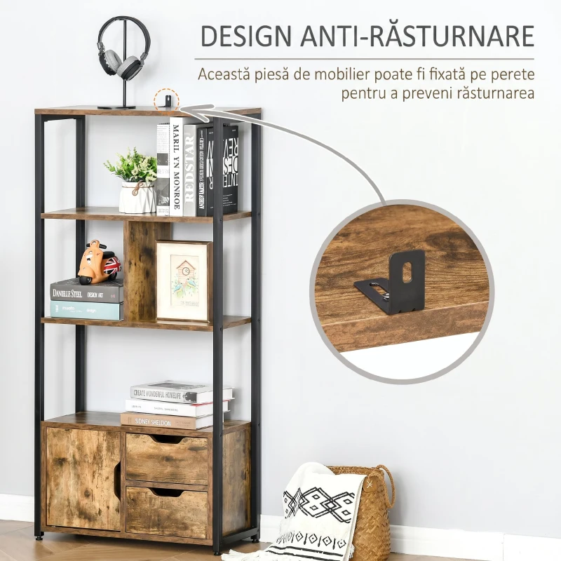 HOMCOM Bibliotecă cu 3 Rafturi, Dulap și 2 Sertare, din PAL și Metal, 58x24x122 cm