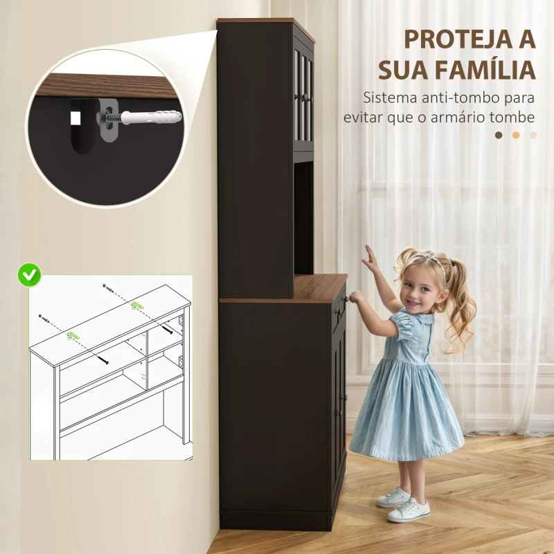 HOMCOM Armário de Cozinha com 3 Portas de Vidro Compartimento Aberto 2 Gavetas e Prateleiras Ajustáveis 100x40x180 cm Preto