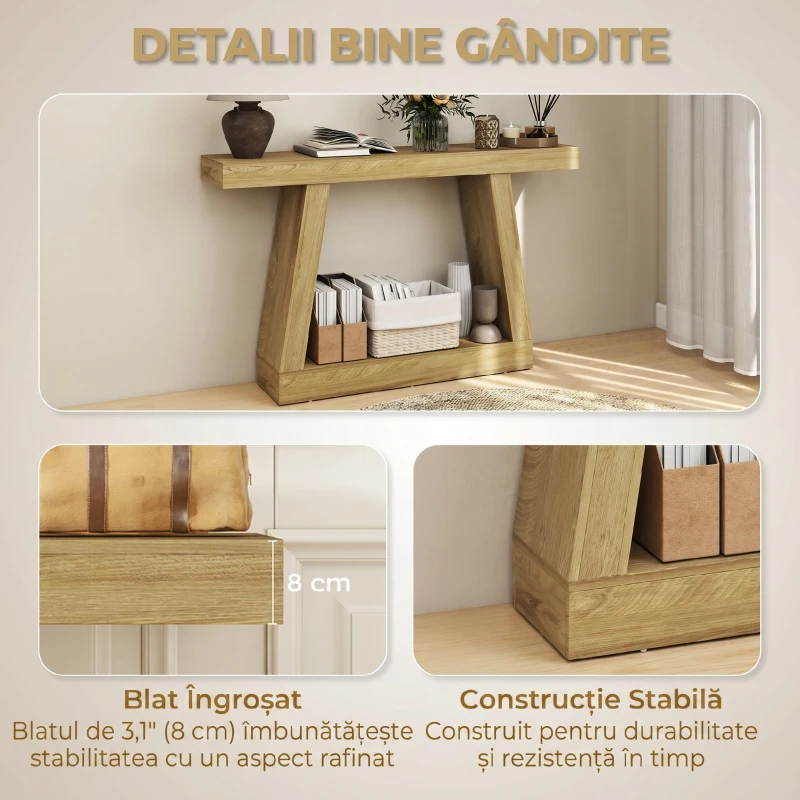 HOMCOM Masă Consolă 140 cm, Retro Canapea cu Spațiu de Depozitare, Stejar